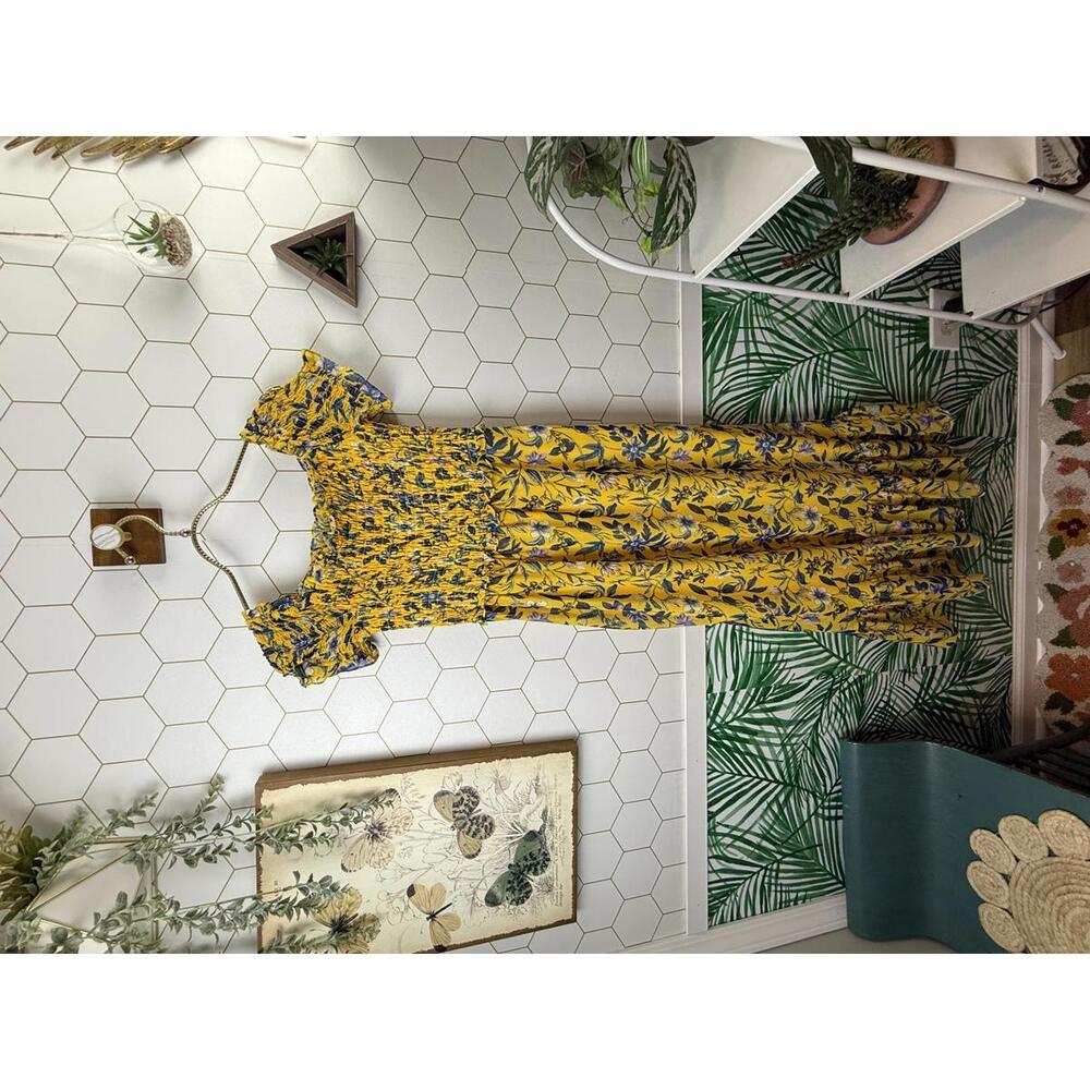 Sam Edelman Yellow and Blue Floral Smocked Bodice Maxi Dress - Size - 6